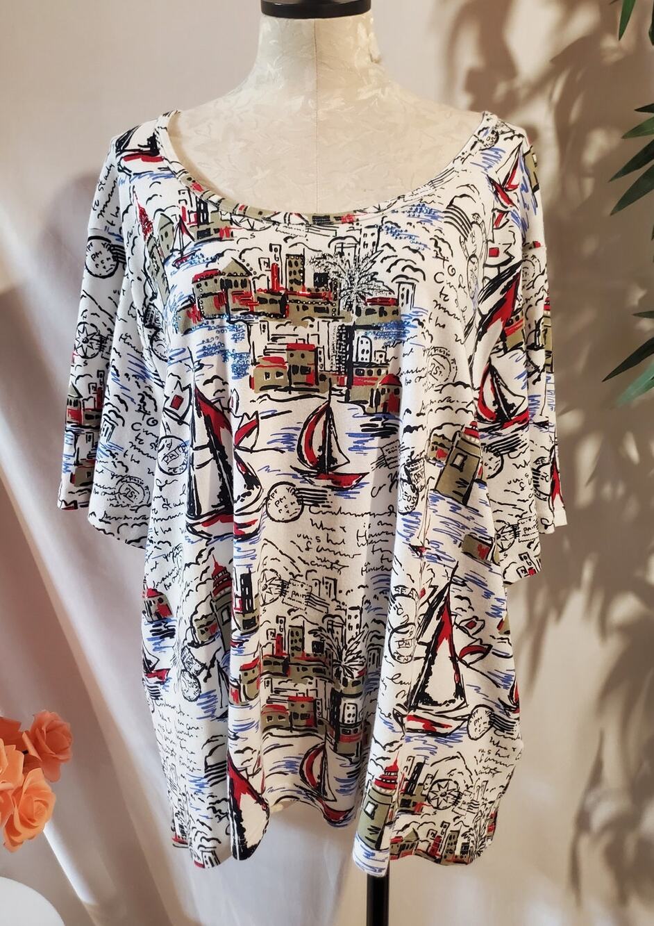Liz & Me Sailboat Travel Jewel Scoop Neck Short Sleeve Top Size 3X 26/28W Cotton